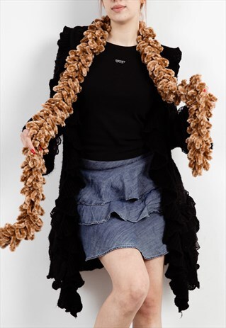 VINTAGE Y2K PARTY KNITTED FLUFFY BROWN WOMEN SCARF