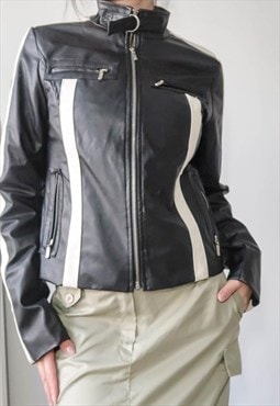 y2k black white motocross faux leather jacket