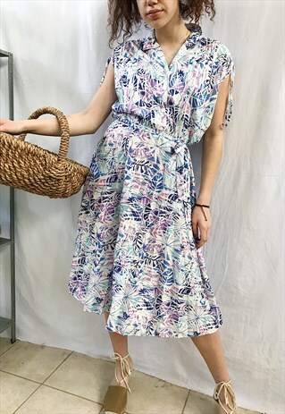 VINTAGE 80S ABSTRACT PRINT BOHEME CHIC PLEATED MAXI DRESS
