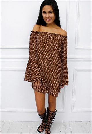 RETRO PRINT BARDOT BELL SLEEVE BOHO PEASANT SHIFT MINI DRESS