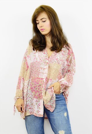 VINTAGE 90S CHIFFON PINK FLORAL PATCHWORK SHIRT