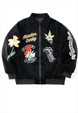 Floral varsity jacket embroidered grunge bomber in black