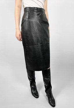 80's Blacky Dress Vintage Black Leather Pencil Midi Skirt