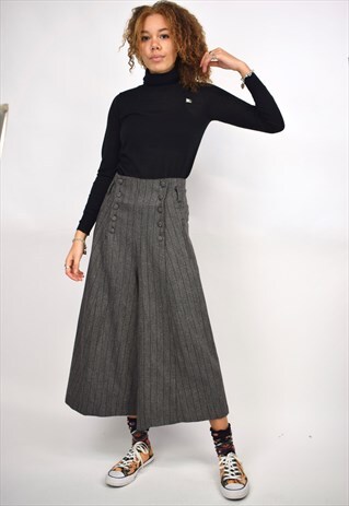 VINTAGE 90S GREY BUTTON FRONT PINSTRIPE CULOTTE PANTS