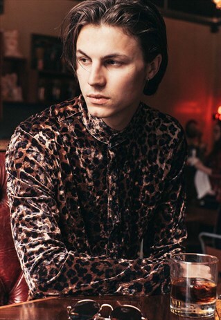 MENS BLACK LEOPARD PRINT VELVET KAFTAN SHIRT