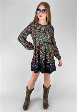 Vintage Ladies Long Bell Sleeve Floral Black Mini Dress