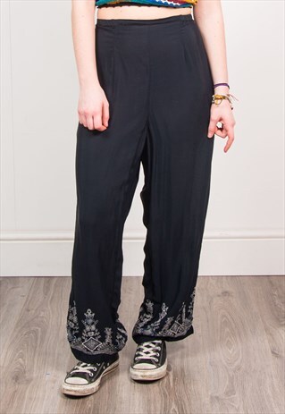 VINTAGE 90'S BLACK PATTERNED HIGH WAIST TROUSERS