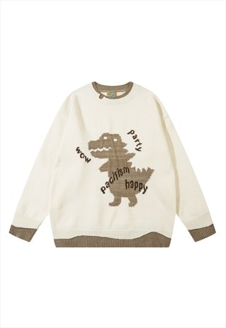 Dinosaur sweater peace slogan knitwear jumper in cream