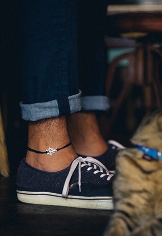 SHIP WHEEL ANKLET FOR MEN, SILVER HELM, BLUE CORD, FOR HIM
