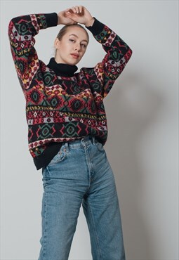 Vintage 90s High Neck Colourful Knitted Wool Sweater S/M