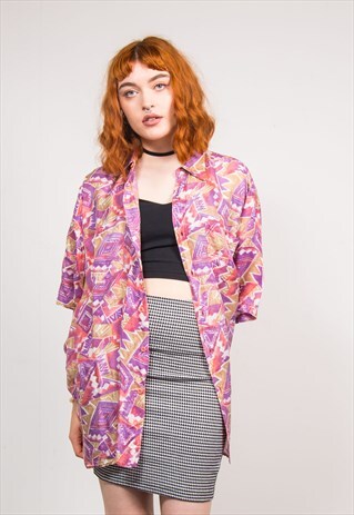 90'S VINTAGE PURPLE CRAZY PATTERNED SILK OVERSIZE SHIRT