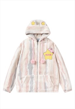 Striped fleece jacket fluffy bomber anime coat pastel pink