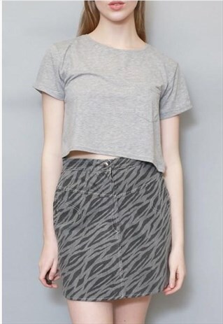 VINTAGE 1990'S GREY TIGER PRINT DENIM MINI SKIRT