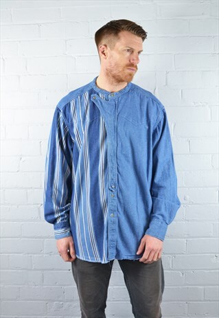 VINTAGE WRANGLER STRIPED GRANDAD COLLAR DENIM SHIRT