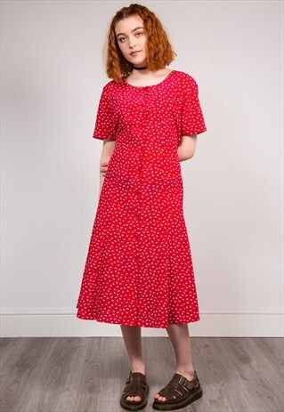 90'S VINTAGE CUTE RED FLORAL PATTERN MIDI DRESS