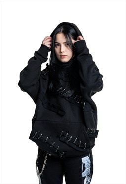 Custom oversized black hoodie with pins decor