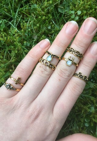 WOMENS BOHO FLORAL GEM MOON SYMBOL GOLD COLOUR SET OF RINGS