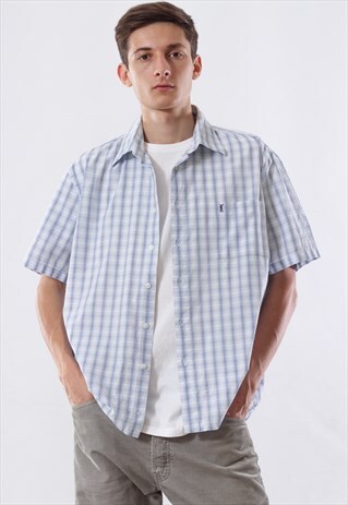 VINTAGE YVES SAINT LAURENT YSL 90S BLUE WHITE PLAID CHECK