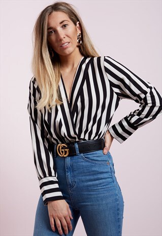 STRIPE WRAP BODYSUIT BLOUSE - BLACK