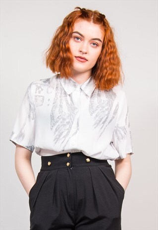 VINTAGE 90'S WHITE PATTERNED BLOUSE SHIRT