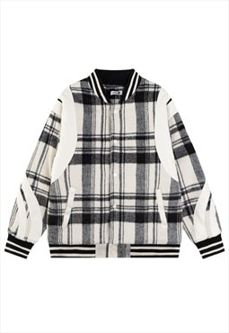 Plaid woolen varsity jacket grey check USA college bomber