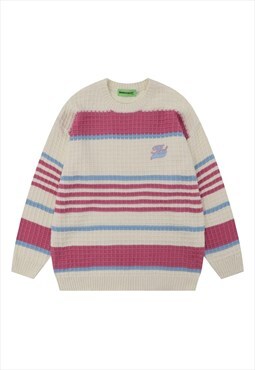 Striped sweater textured jumper knitted check top in pink
