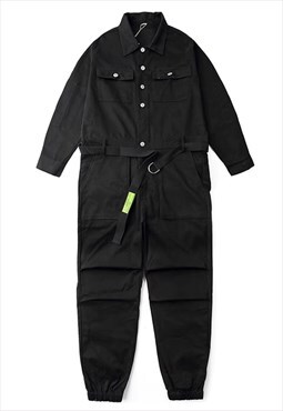 Utility jumpsuit long sleeve boiler suit dungarees in black