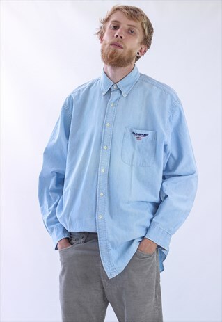 VINTAGE MENS POLO SPORT LONG SLEEVE POCKET LOGO DENIM SHIRT