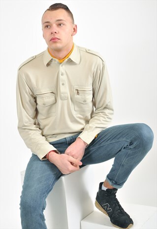 VINTAGE LONG SLEEVE POLO SHIRT IN BEIGE