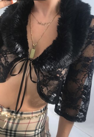 90S BLACK SEQUINNED LACE MESH CROP TOP WITH FAUX FUR COLLAR