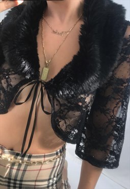 90s Black Sequinned Lace Mesh Crop Top With Faux Fur Collar