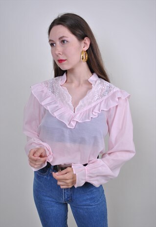 VINTAGE PINK TRANSPARENT BLOUSE, 80S VICTORIAN LACE SHIRT