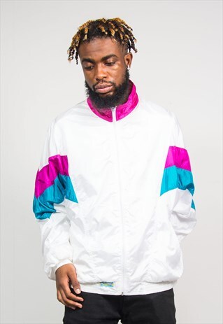 VINTAGE 80'S SHELL SUIT SHINY COLOURBLOCK TRACKSUIT JACKET