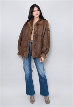 80's Ladies Vintage Brown Shearling Coat Sheepskin Jacket