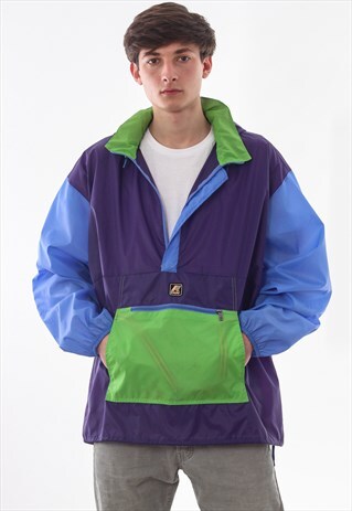 VINTAGE K-WAY PULLOVER WINDBREAKER 90S PURPLE BLUE GREEN