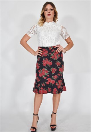 MOSCHINO JEANS LONG ELEGANT SKIRT BLACK WITH RED FLOWERS
