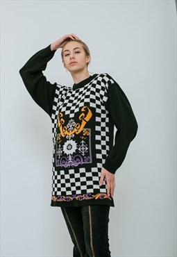 Vintage 80s Boxy Fit Knitwear Long Jumper in Check Oversized
