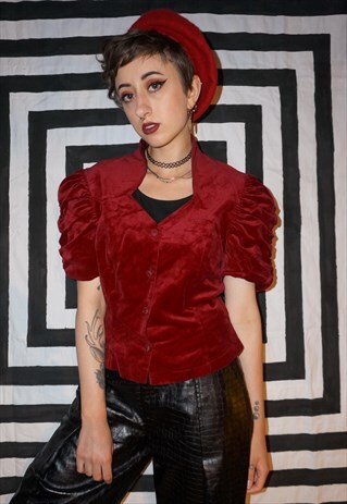VINTAGE 80'S VELVET PUFFBALL SLEEVE TOP
