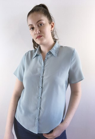 WOMENS VINTAGE 80S BLOUSE LIGHT BLUE SHORT SLEEVED SHIRT TOP