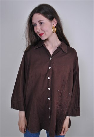 VINTAGE BROWN MINIMALIST SHIRT, 90S WOMEN HOLIDAY BLOUSE