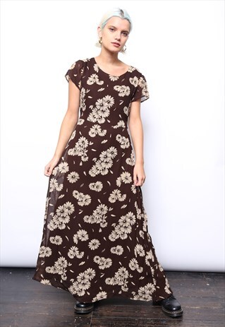 VINTAGE 90S BROWN DAISY FLORAL PRINT MIDI DRESS