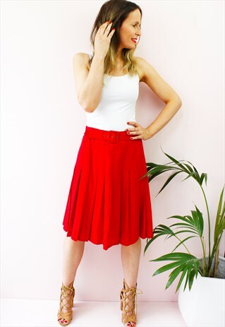 VINTAGE 80'S RED PLEATED MIDI A LINE SKIRT