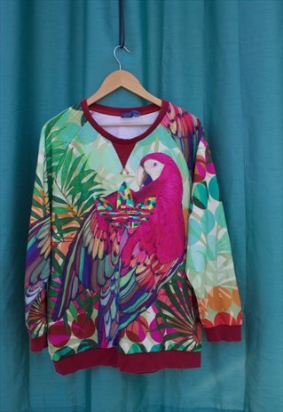 VINTANGE ADIDAS SWEATSHIRT WITH BRIGHT PAROT GRAPHIC.