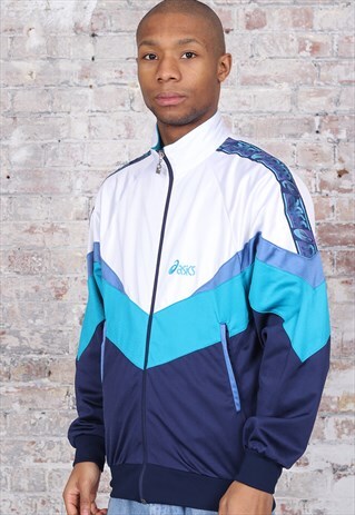VINTAGE ASICS TAPE LOGO TRACK JACKET WHITE AND BLUE