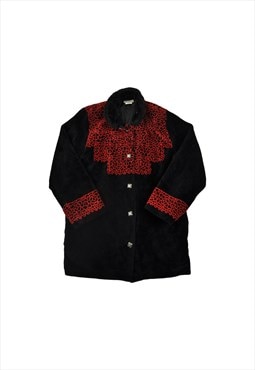 Vintage Fleece Jacket Retro Pattern Black/Red Ladies XL