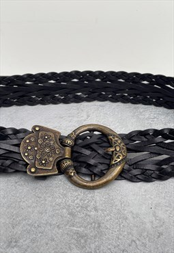 Black Braided Belt with an Ornate Engraved Metal Buckle