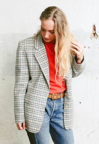 VINTAGE 90S CHECK PRINT POWER SHOULDER BLAZER JACKET