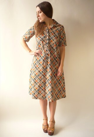 1970'S VINTAGE COTTON CHECK PRINTED A-LINE MIDI TEA DRESS