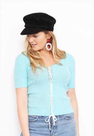 VINTAGE 70S TURQUOISE LACE UP STRETCH T-SHIRT TOP