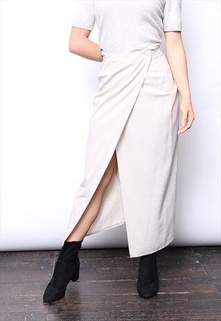 VINTAGE 90S BEIGE SLIT WRAP MIDI SKIRT